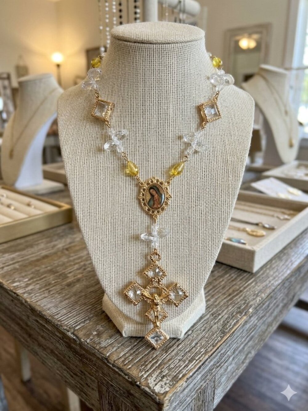 Gold Tone 10" Car Rosary Crystal Cross Virgin Mary St Jude NWOT Mexico